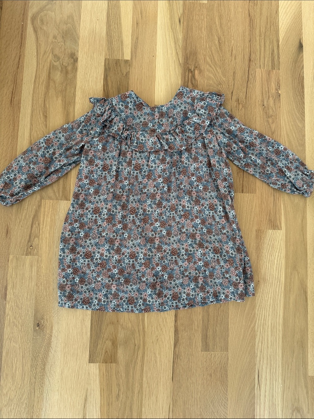 H&M Floral Ruffle Yoke Long-Sleeve Dress- Blue & Brown